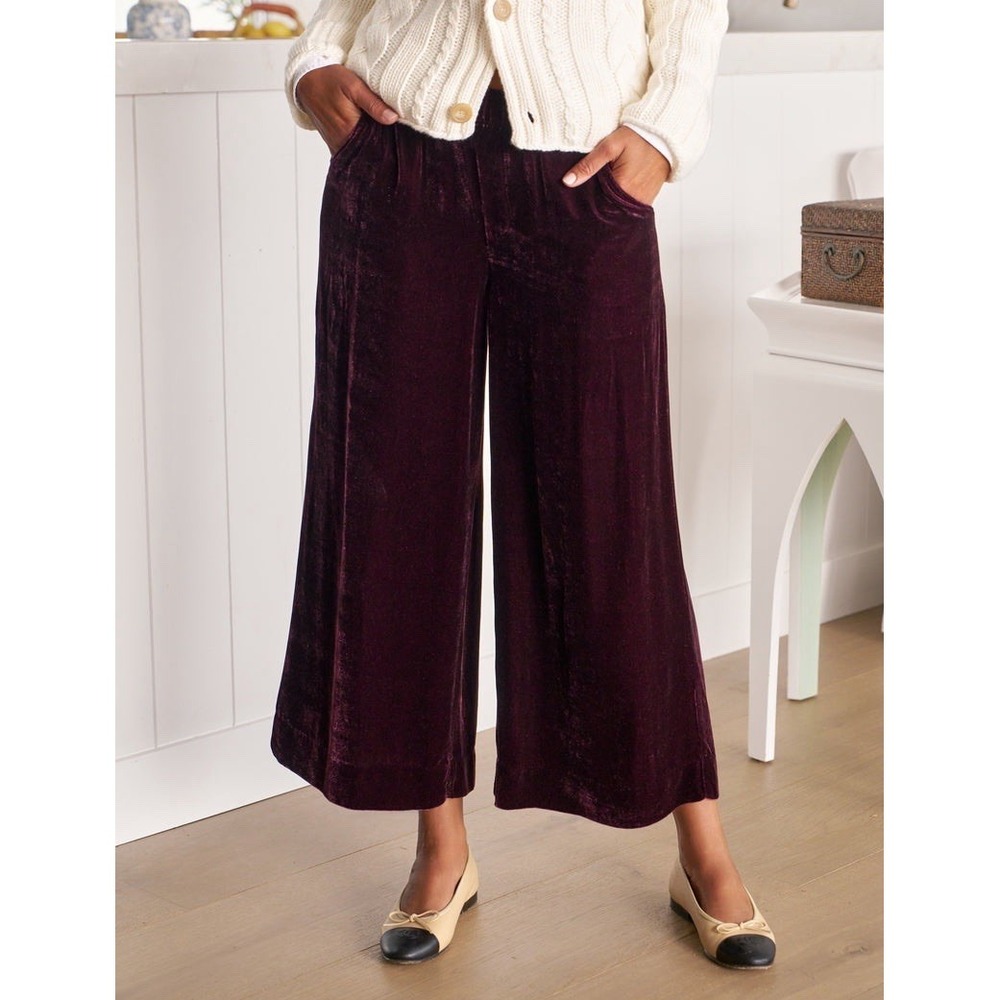 Frank & Eileen Maisie Wide Leg Tuscany Velvet Crop Pull on Pants Bordeaux Wine